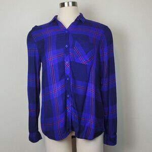 Beach Lunch Lounge Womens Long Sleeve Blue Plaid Flannel Button Down Top Size XS